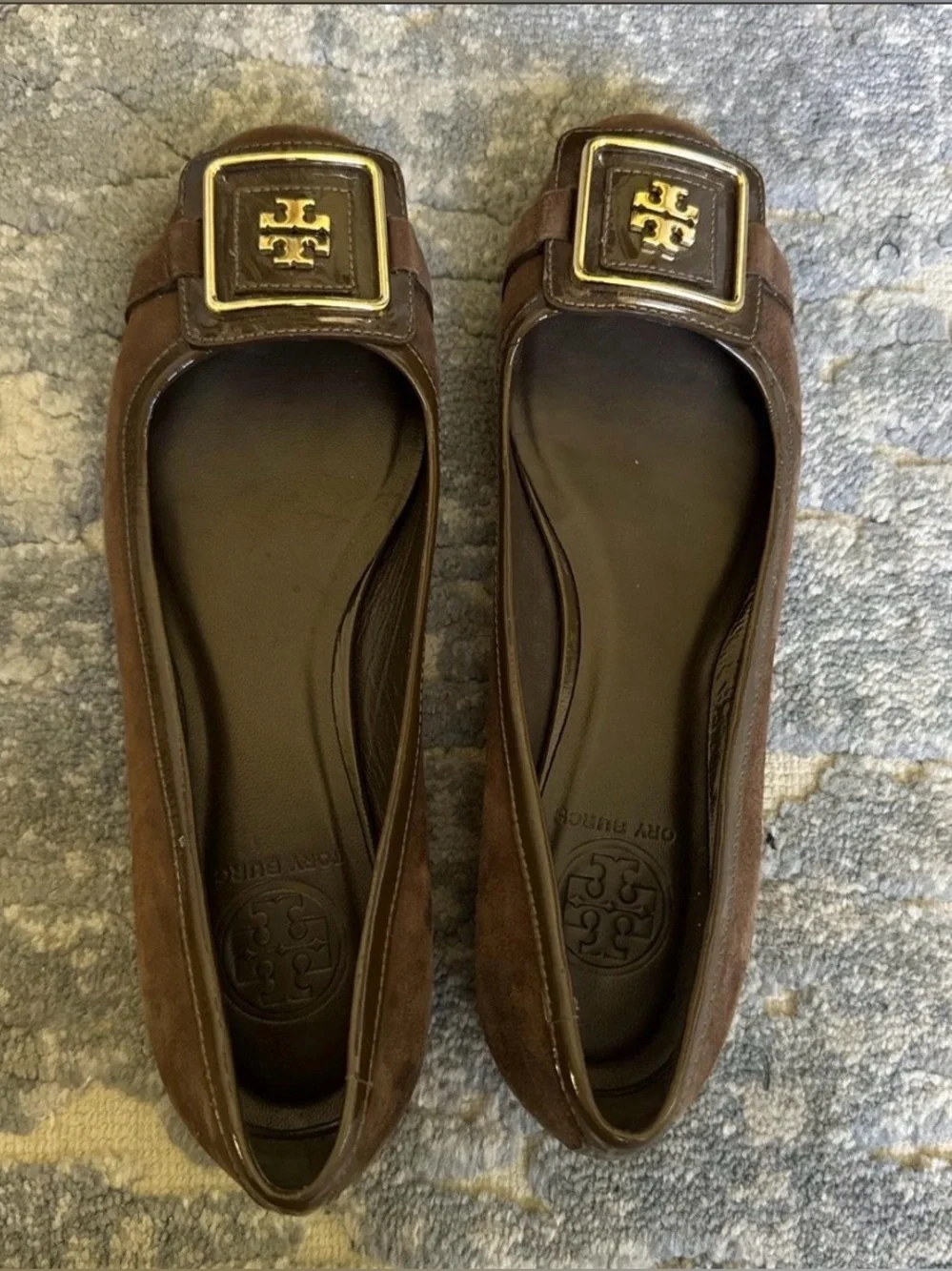 Tory Burch Dark Brown Suede Flats with Gold Logo Accent